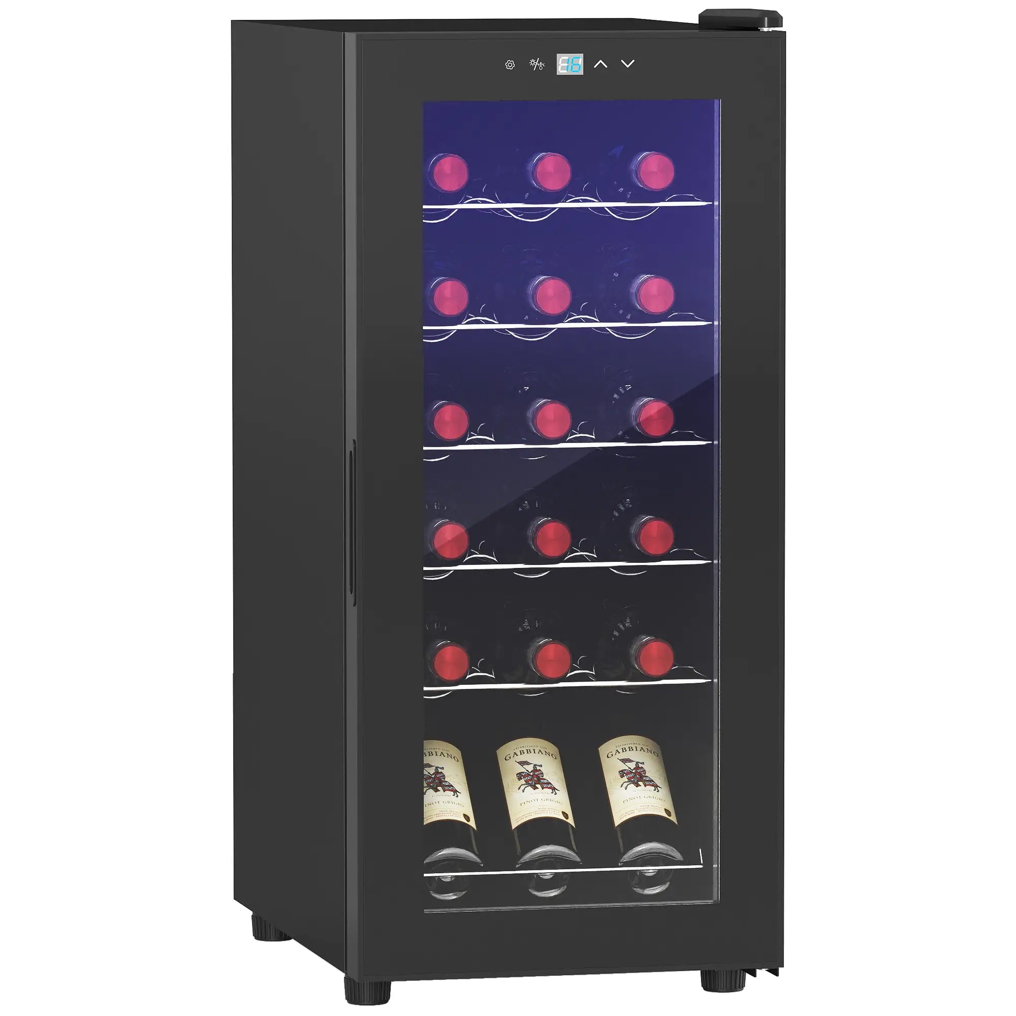 Cave de Vinho 18 Garrafas com Luz LED Ecrã Tátil Digital Controlo de Temperatura Porta de Vidro e 5 Prateleiras Preto