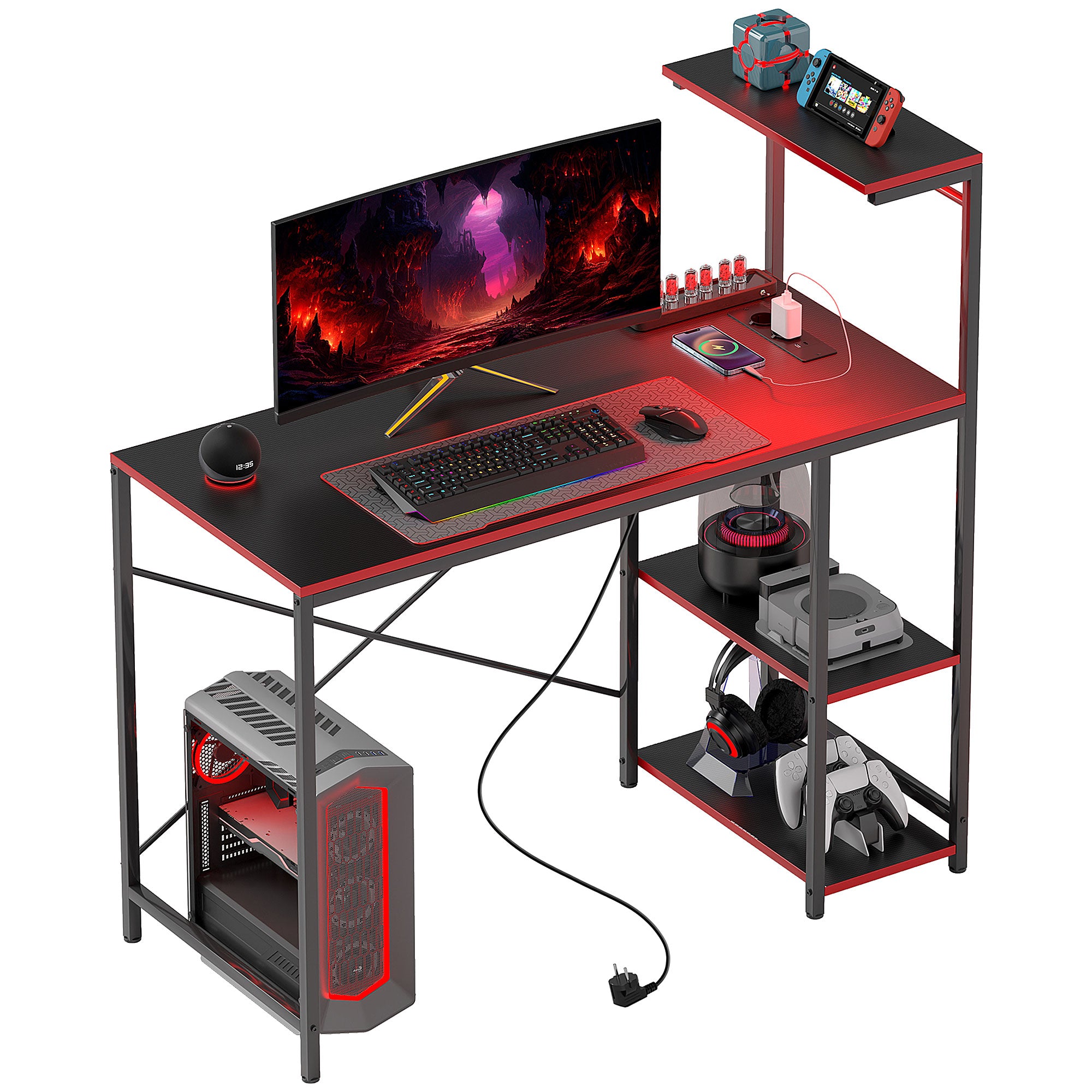 Secretária Gaming com Luzes LED 100x50 cm Secretária Gaming de Fibra de Carbono com Tomadas de Corrente e Controlo Remoto Preto