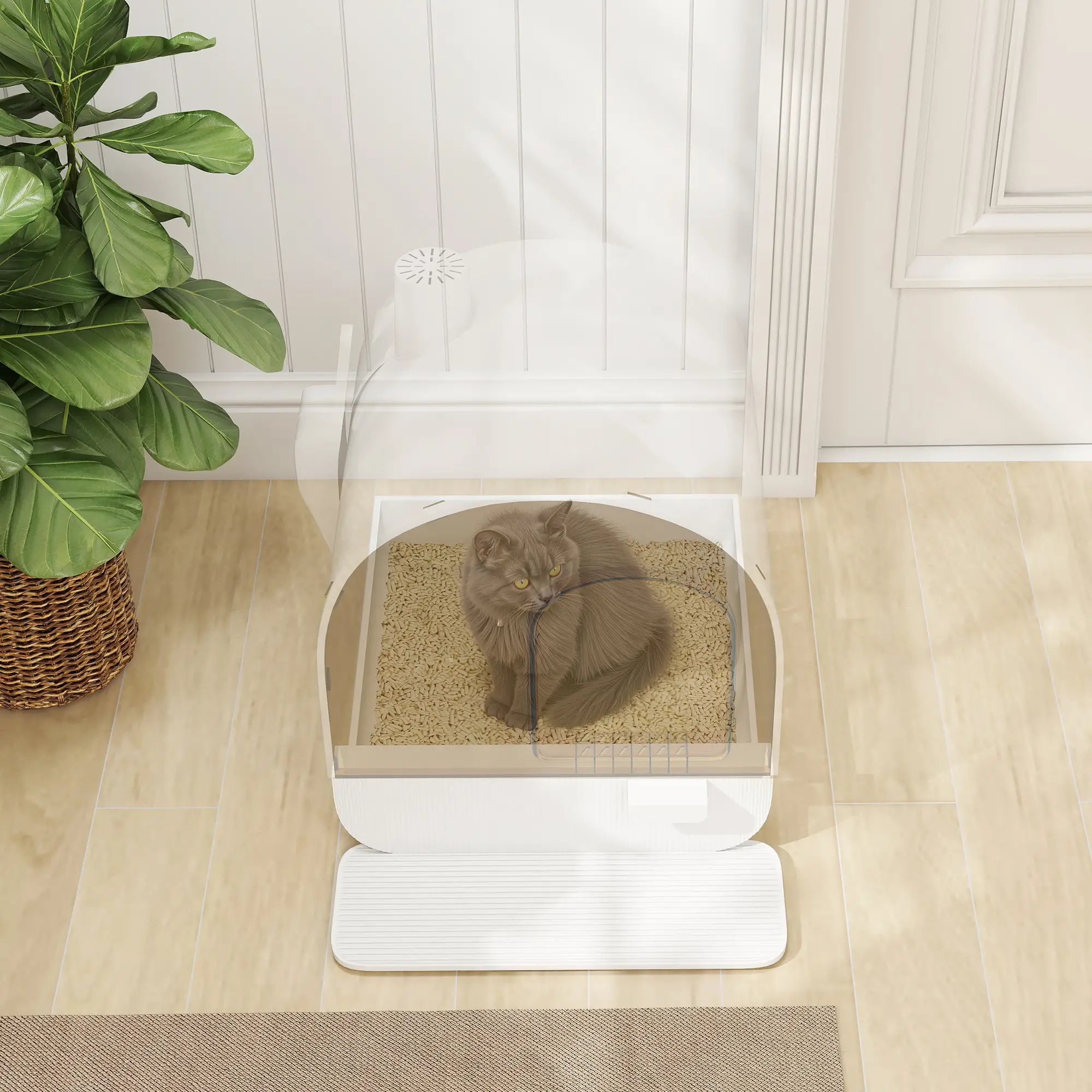 Caixa de Areia para Gatos com Porta Dianteira Bandeja Removível Pá Tapete e Filtro 43x44x47cm Branco
