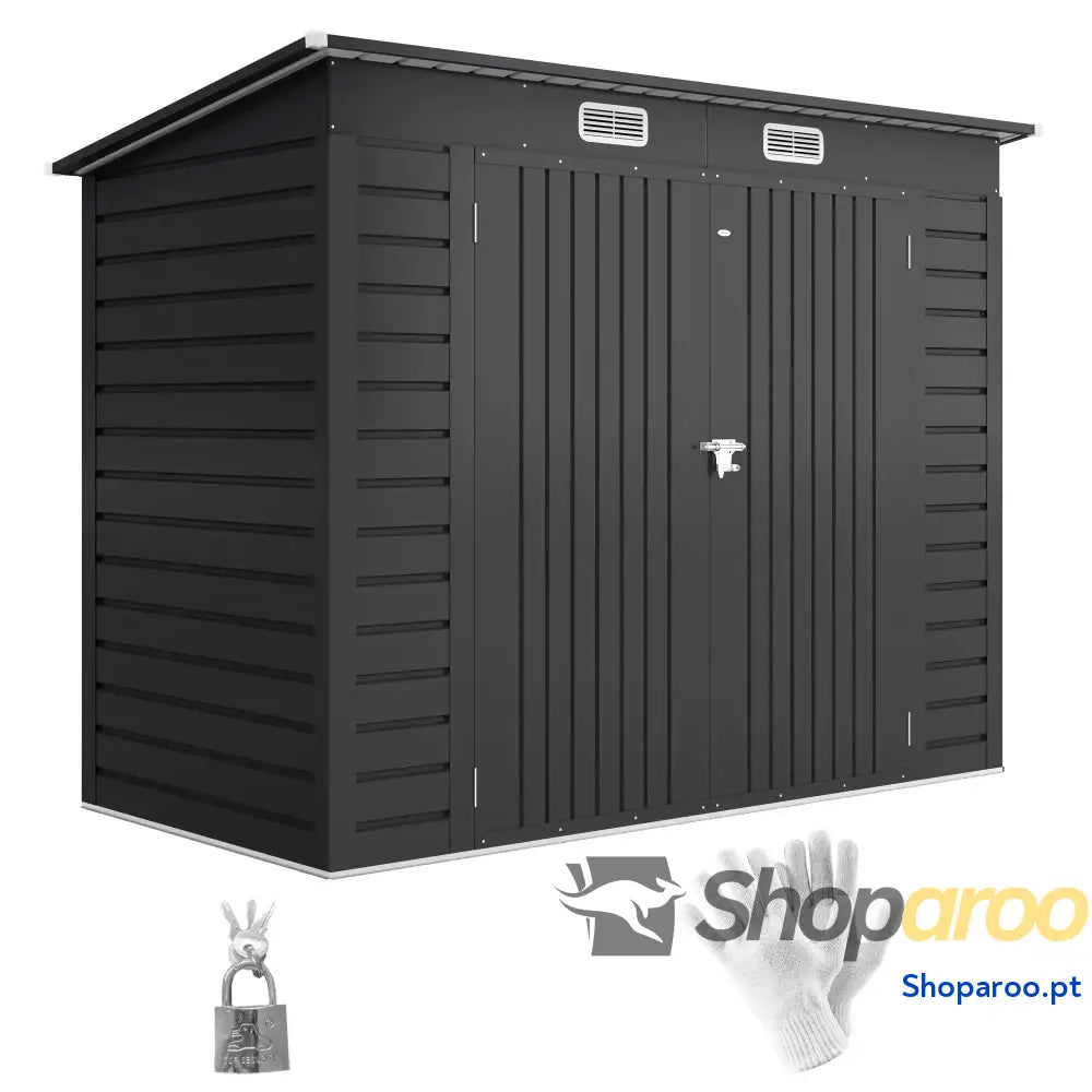 Abrigo de Jardim 2,7m² 249x121x183 cm Exterior com Porta Dupla 2 Ventilaç4oes e Trava para Pátio Cinza