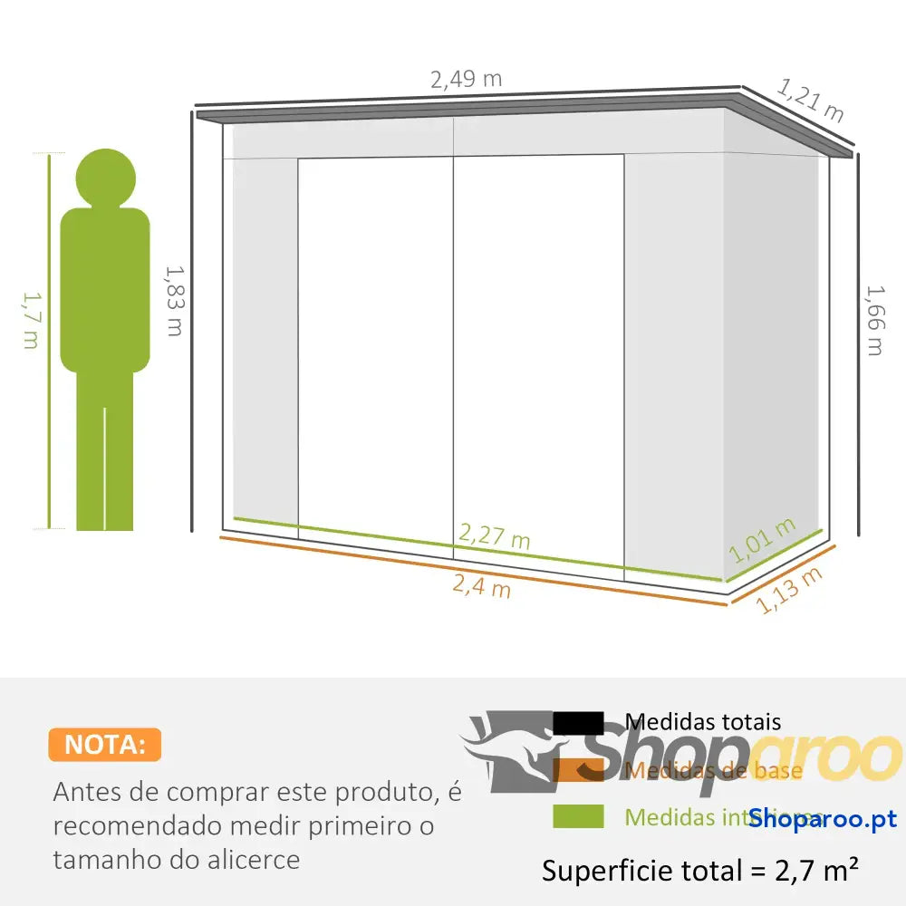 Abrigo de Jardim 2,7m² 249x121x183 cm Exterior com Porta Dupla 2 Ventilaç4oes e Trava para Pátio Cinza