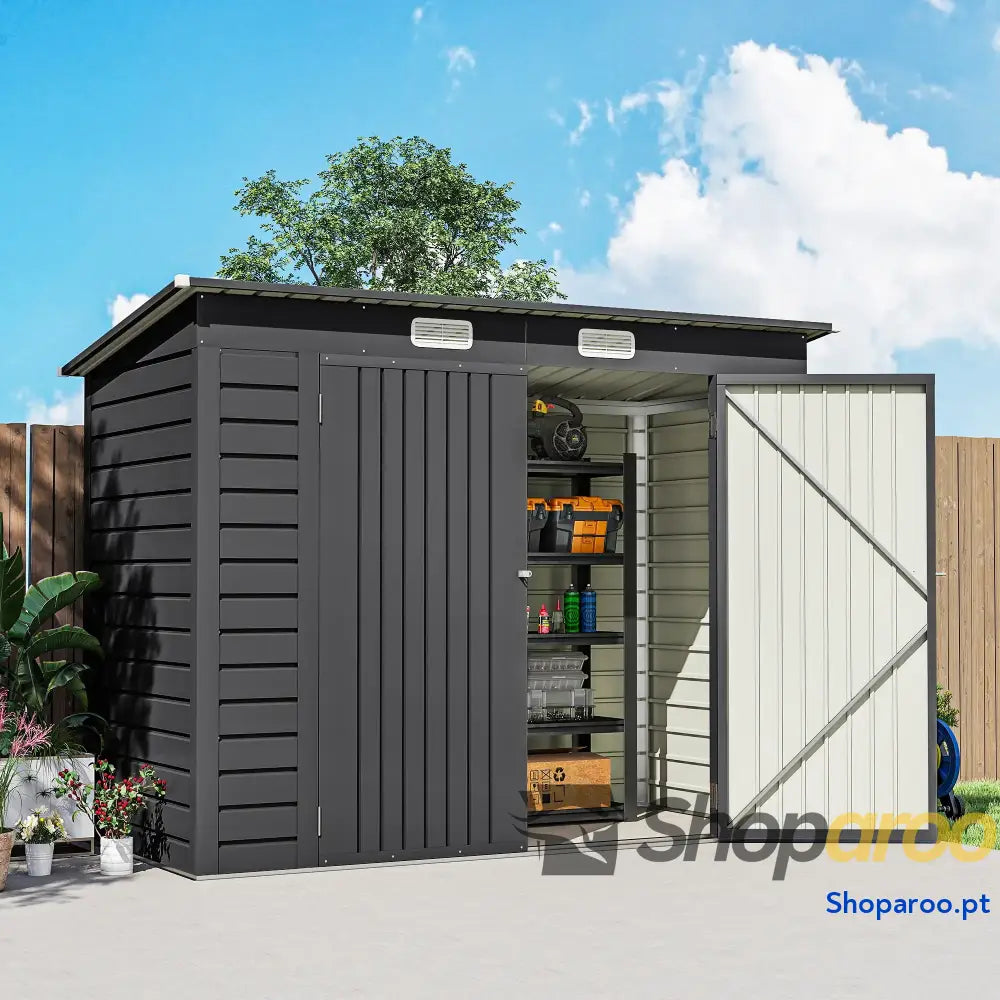 Abrigo de Jardim 2,7m² 249x121x183 cm Exterior com Porta Dupla 2 Ventilaç4oes e Trava para Pátio Cinza