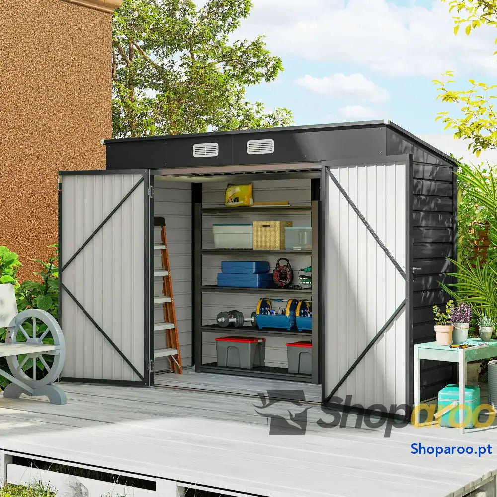 Abrigo de Jardim 2,7m² 249x121x183 cm Exterior com Porta Dupla 2 Ventilaç4oes e Trava para Pátio Cinza