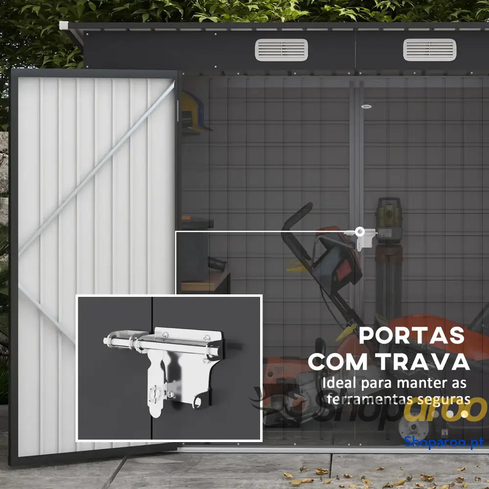 Abrigo de Jardim 2,7m² 249x121x183 cm Exterior com Porta Dupla 2 Ventilaç4oes e Trava para Pátio Cinza