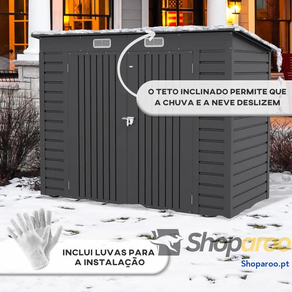 Abrigo de Jardim 2,7m² 249x121x183 cm Exterior com Porta Dupla 2 Ventilaç4oes e Trava para Pátio Cinza
