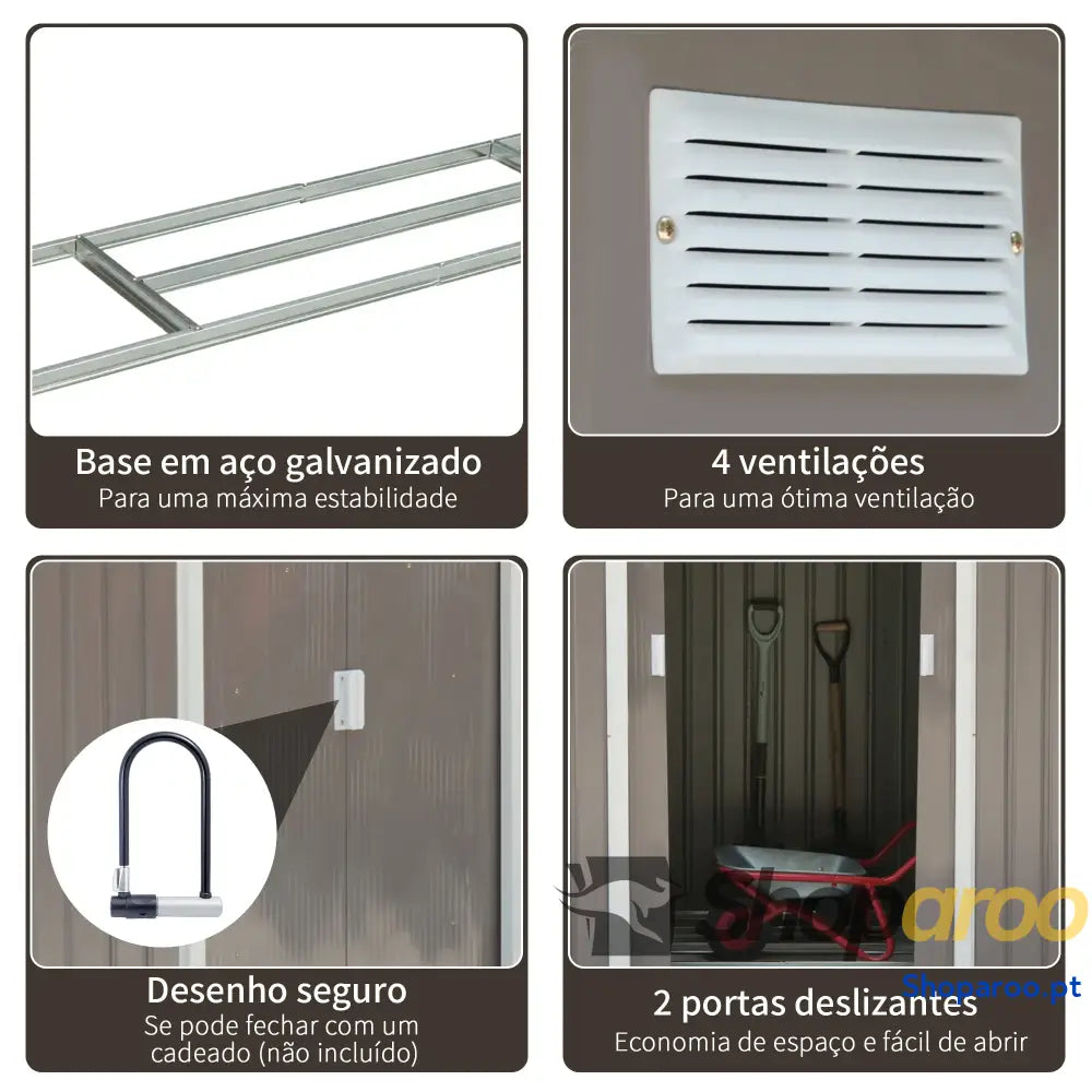 Abrigo de Jardim 213x130x185cm Metálico Exterior com 2 Portas Deslizantes e 4 Janelas Cinza Claro