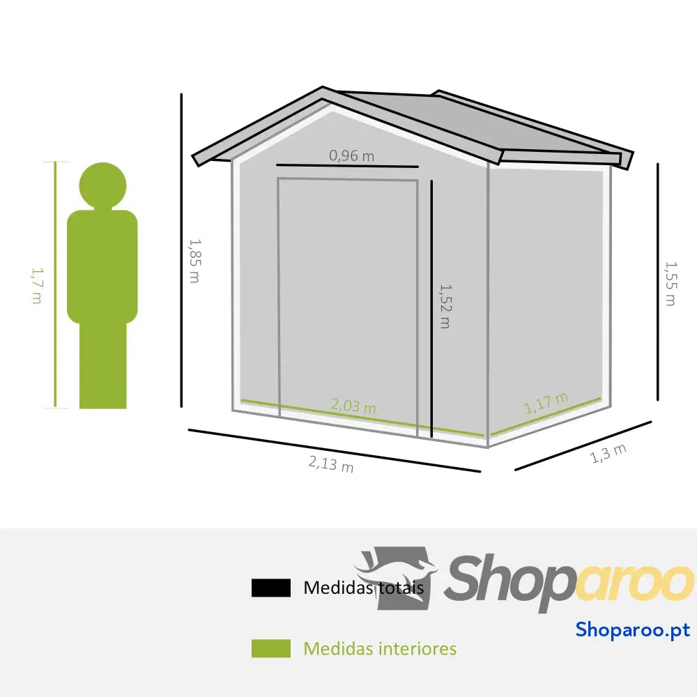 Abrigo de Jardim 213x130x185cm Metálico Exterior com 2 Portas Deslizantes e 4 Janelas Cinza Claro
