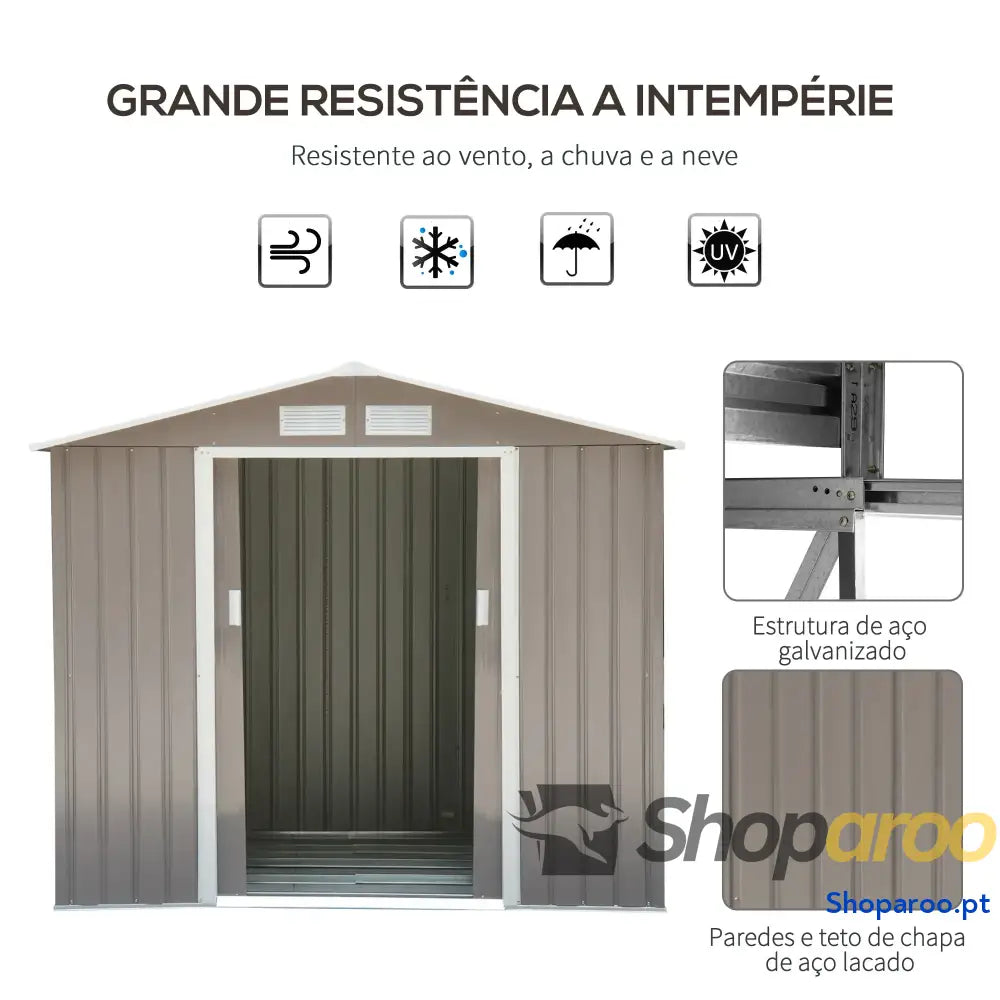 Abrigo de Jardim 213x130x185cm Metálico Exterior com 2 Portas Deslizantes e 4 Janelas Cinza Claro