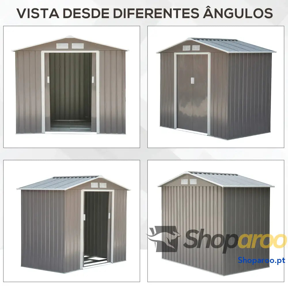 Abrigo de Jardim 213x130x185cm Metálico Exterior com 2 Portas Deslizantes e 4 Janelas Cinza Claro