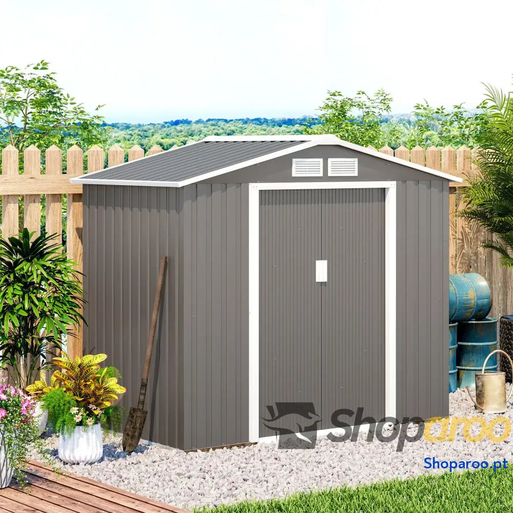 Abrigo de Jardim 213x130x185cm Metálico Exterior com 2 Portas Deslizantes e 4 Janelas Cinza Claro