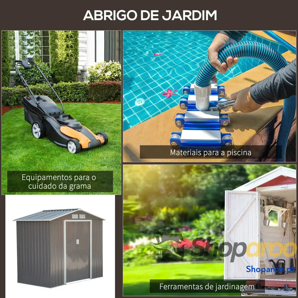 Abrigo de Jardim 213x130x185cm Metálico Exterior com 2 Portas Deslizantes e 4 Janelas Cinza Claro