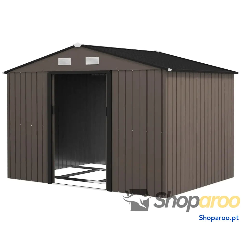 Abrigo de Jardim 277x195x192 cm Metálico para Armazenamento Ferramentas com Base Reforço Incluída Madeira