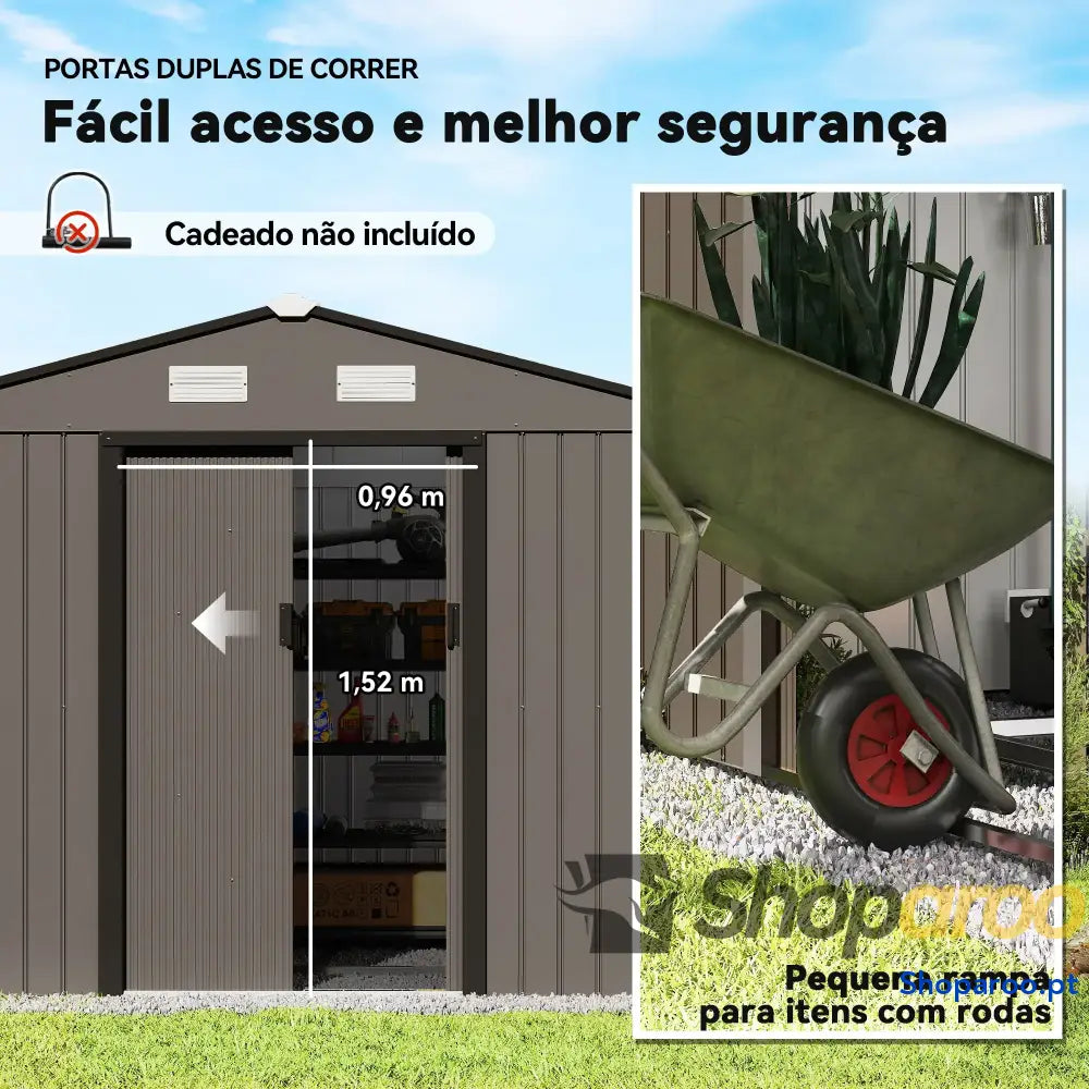 Abrigo de Jardim 277x195x192 cm Metálico para Armazenamento Ferramentas com Base Reforço Incluída Madeira
