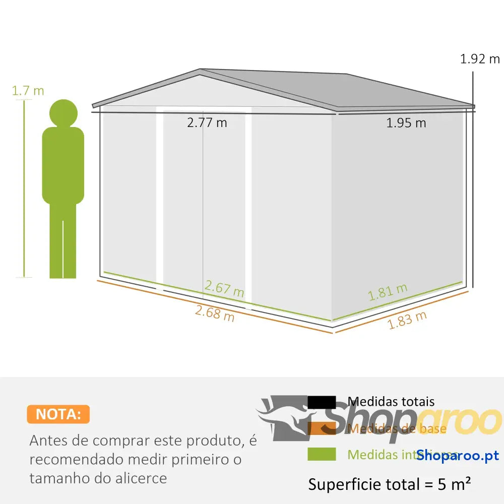 Abrigo de Jardim 277x195x192 cm Metálico para Armazenamento Ferramentas com Base Reforço Incluída Madeira