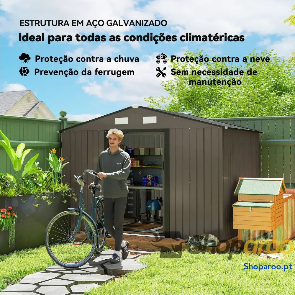 Abrigo de Jardim 277x195x192 cm Metálico para Armazenamento Ferramentas com Base Reforço Incluída Madeira