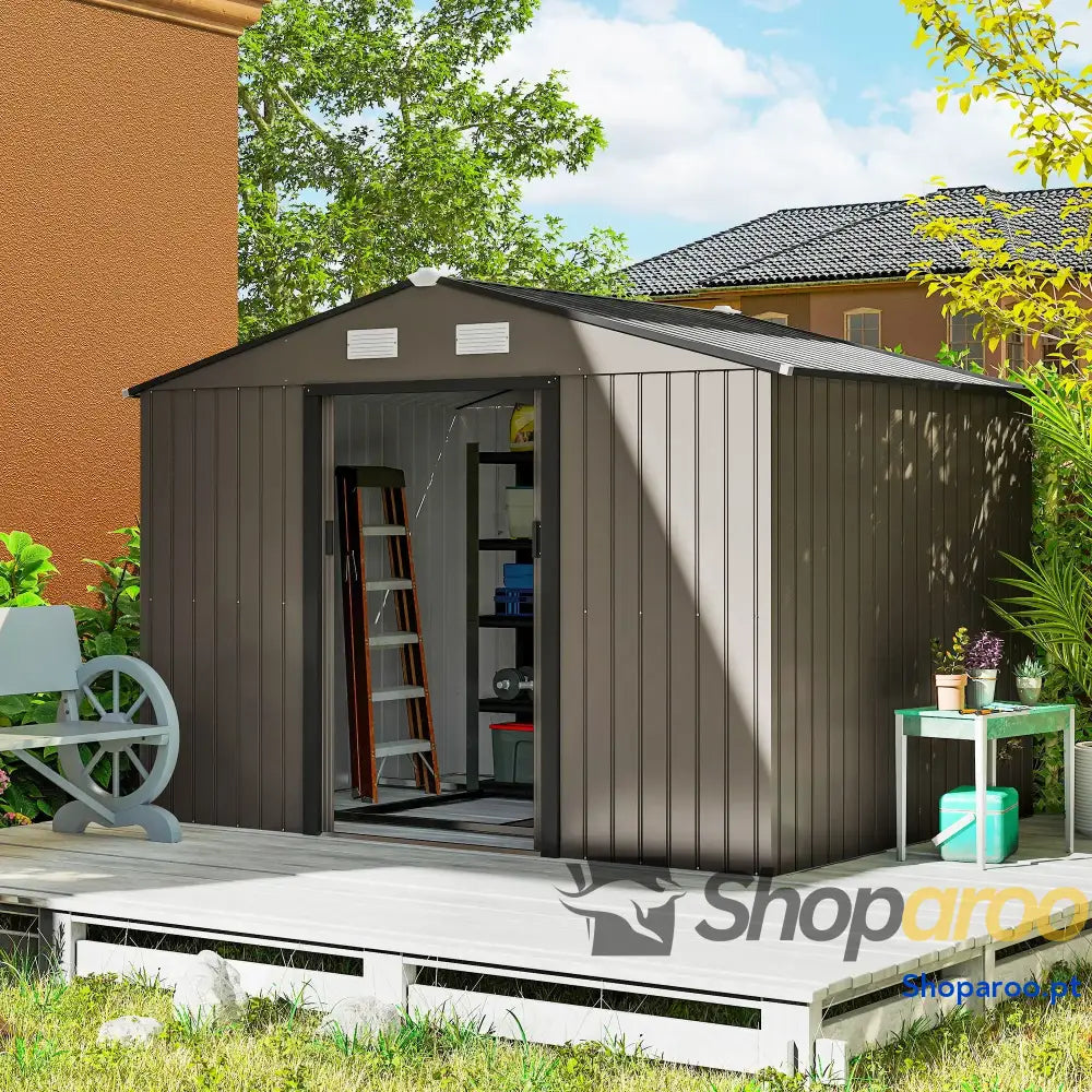 Abrigo de Jardim 277x195x192 cm Metálico para Armazenamento Ferramentas com Base Reforço Incluída Madeira