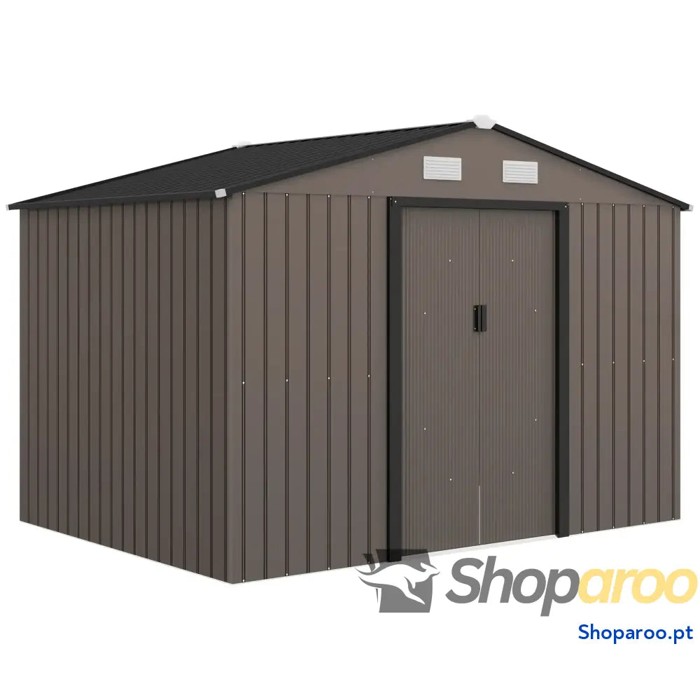 Abrigo de Jardim 277x195x192 cm Metálico para Armazenamento Ferramentas com Base Reforço Incluída Madeira