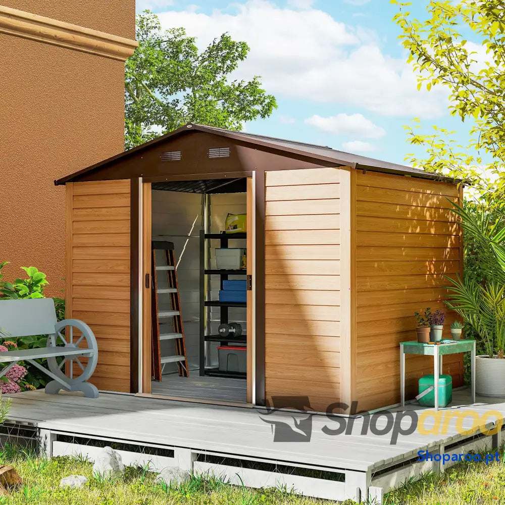 Abrigo de Jardim 4,84 m² 278x195x215 cm Abrigo de Jardim com 2 Portas de Correr e 4 Janelas de Ventilação Madeira e Marrom
