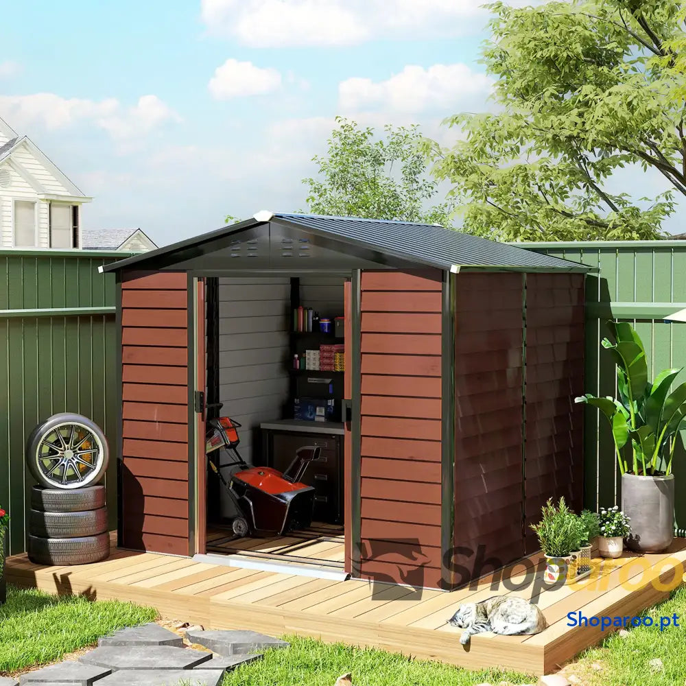 Abrigo de Jardim Exterior 4,4 m² 240x206x198 cm com Porta Correr e Fechadura Teca