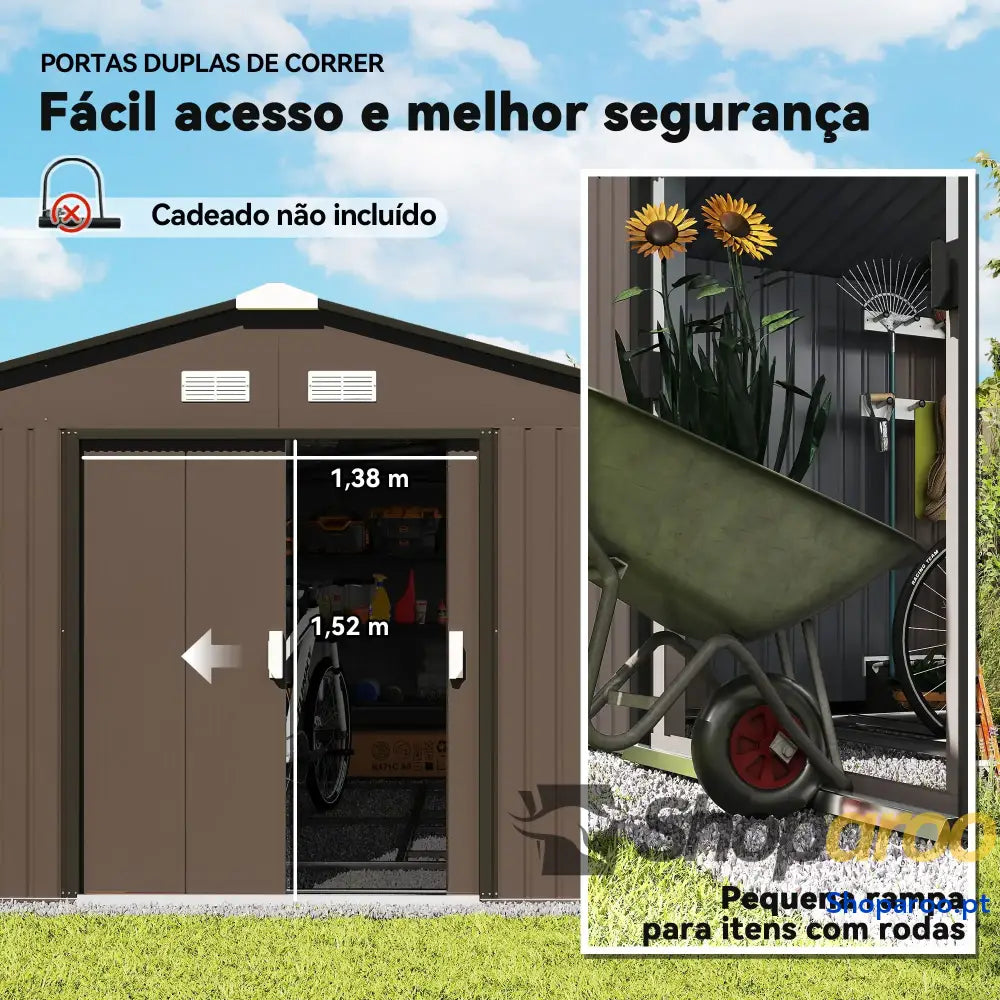 Abrigo de Jardim Exterior para Armazenamento Ferramentas com 4 Janelas 12,4 m² 340x386x200 cm Marrom