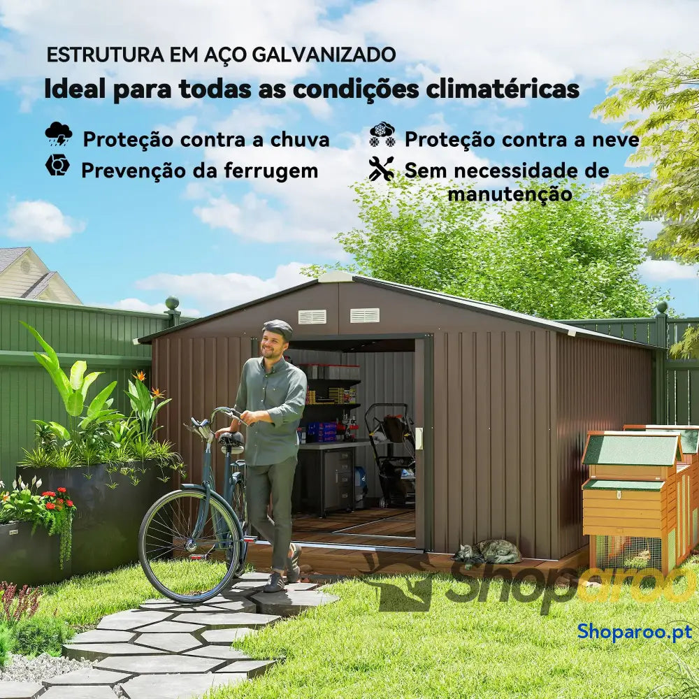 Abrigo de Jardim Exterior para Armazenamento Ferramentas com 4 Janelas 12,4 m² 340x386x200 cm Marrom