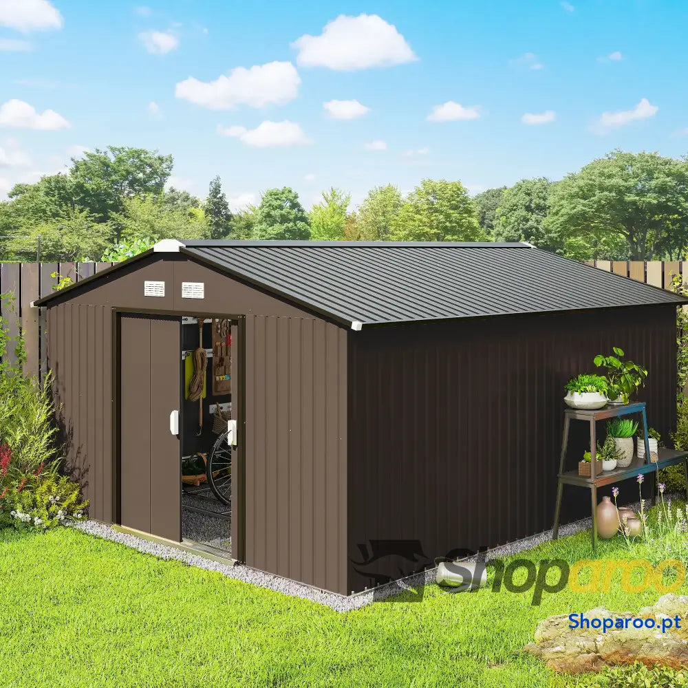 Abrigo de Jardim Exterior para Armazenamento Ferramentas com 4 Janelas 12,4 m² 340x386x200 cm Marrom