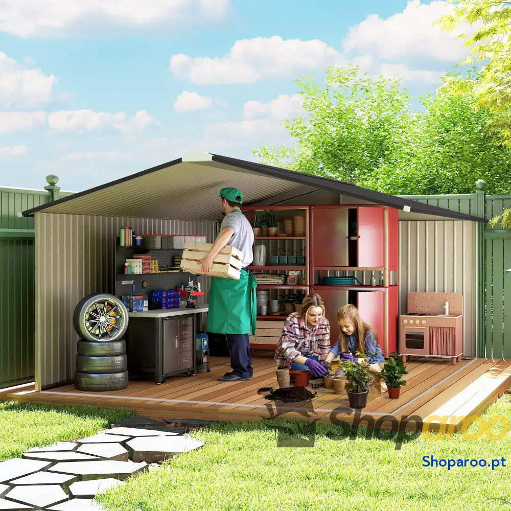 Abrigo de Jardim Exterior para Armazenamento Ferramentas com 4 Janelas 12,4 m² 340x386x200 cm Marrom