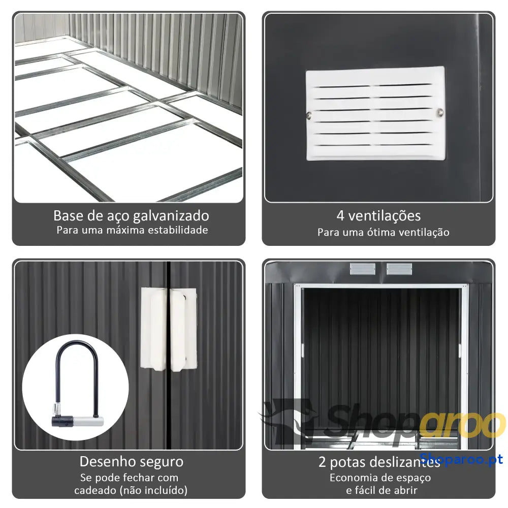 Abrigo de Jardim Metálico 340x386x200cm Exterior para Armazenamento Ferramentas com Base Incluida 4 Janelas Ventilação