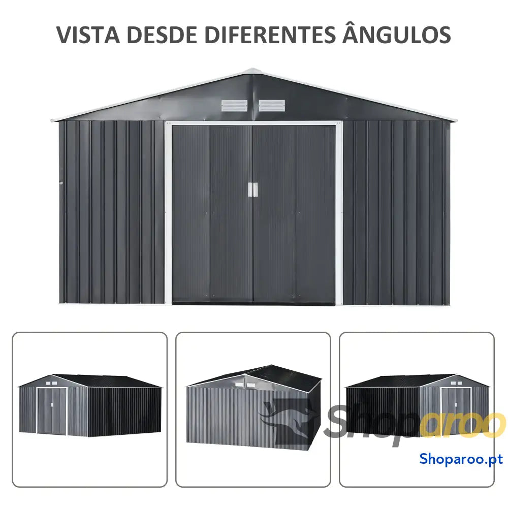 Abrigo de Jardim Metálico 340x386x200cm Exterior para Armazenamento Ferramentas com Base Incluida 4 Janelas Ventilação