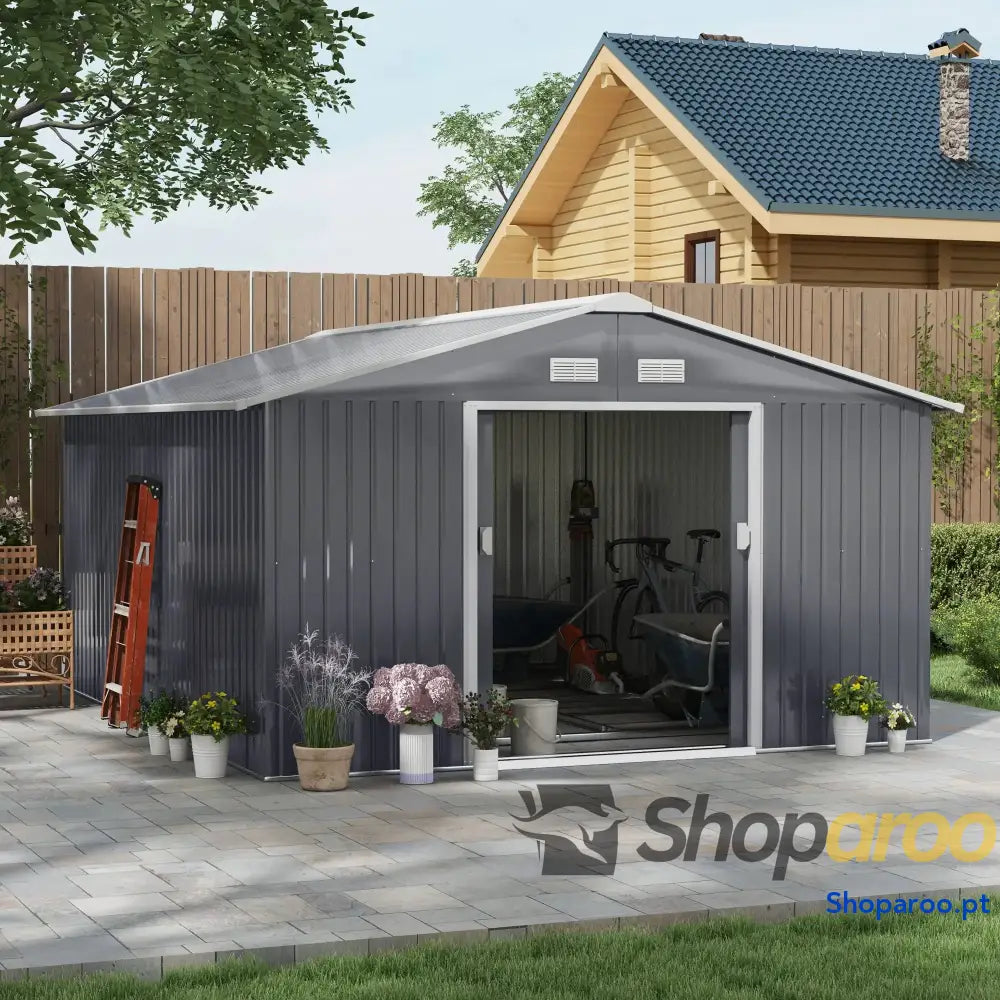 Abrigo de Jardim Metálico 340x386x200cm Abrigo de Exterior para Armazenamento de Ferramentas com Base Incluida 4 Janelas de Ventilação e Porta Corredeira Cinza