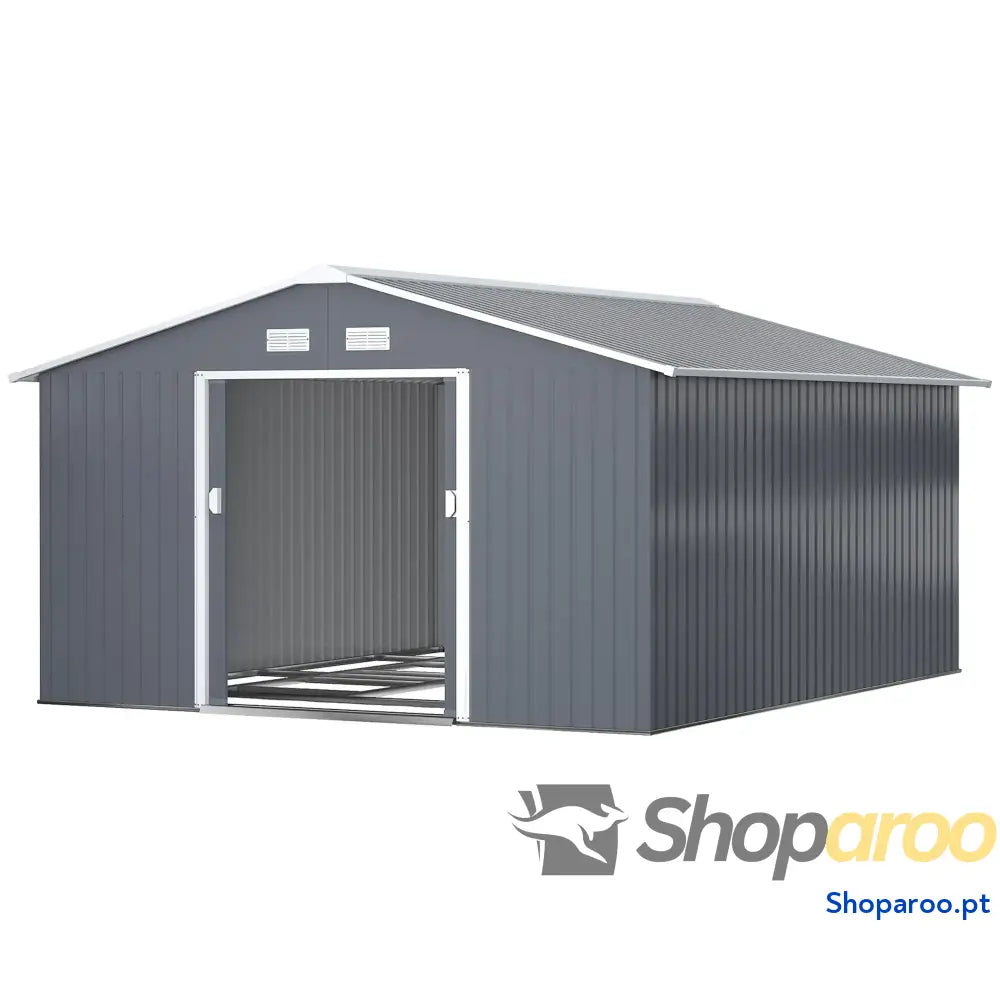 Abrigo de Jardim Metálico 340x386x200cm Exterior para Armazenamento Ferramentas com Base Incluida 4 Janelas Ventilação