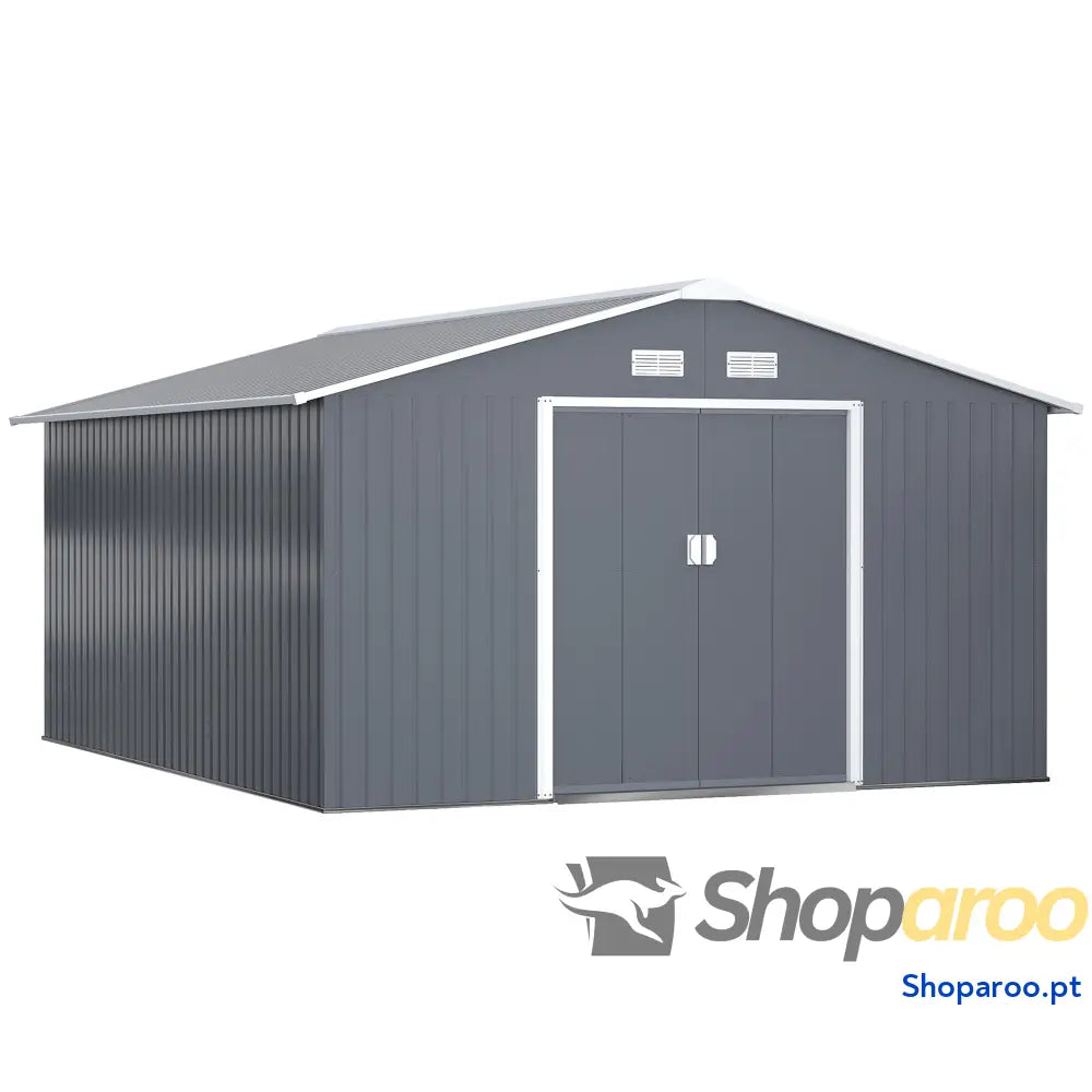 Abrigo de Jardim Metálico 340x386x200cm Exterior para Armazenamento Ferramentas com Base Incluida 4 Janelas Ventilação
