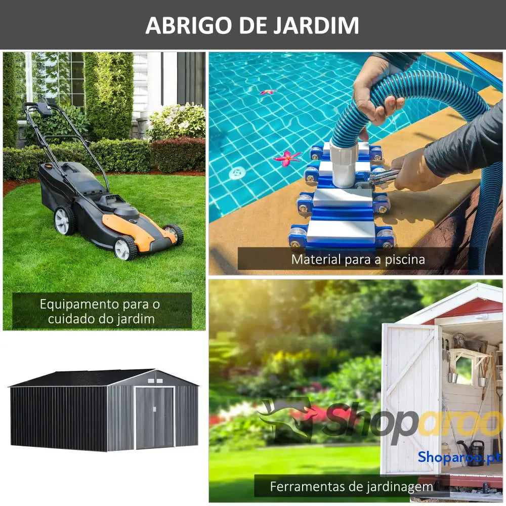 Abrigo de Jardim Metálico 340x386x200cm Exterior para Armazenamento Ferramentas com Base Incluida 4 Janelas Ventilação