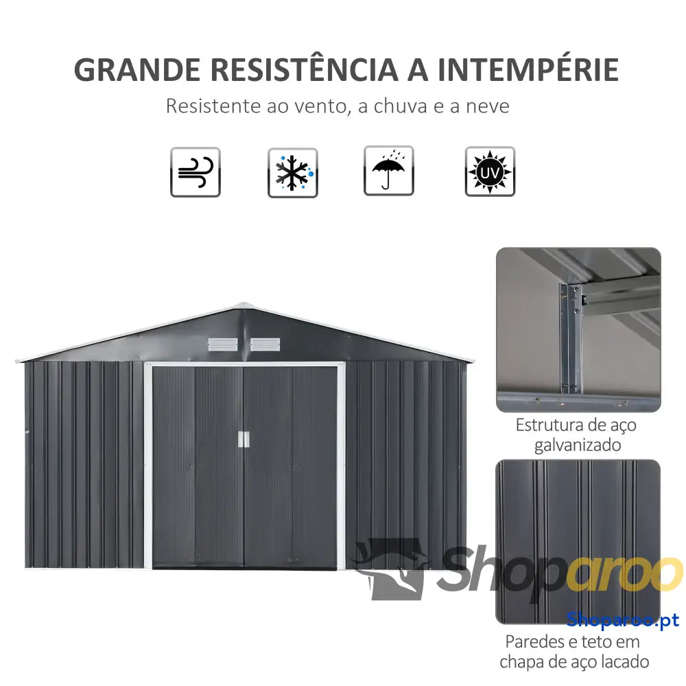 Abrigo de Jardim Metálico 340x386x200cm Exterior para Armazenamento Ferramentas com Base Incluida 4 Janelas Ventilação