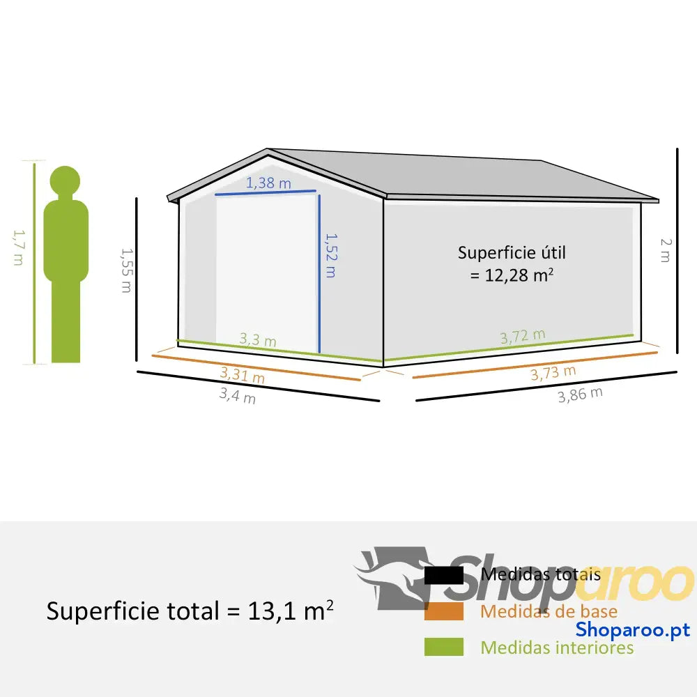 Abrigo de Jardim Metálico 340x386x200cm Exterior para Armazenamento Ferramentas com Base Incluida 4 Janelas Ventilação