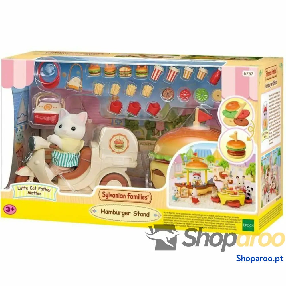Acessórios para Casa de Bonecas Sylvanian Families Puesto de hamburguesas - Papa Latte Cat y Scooter 30 Peças