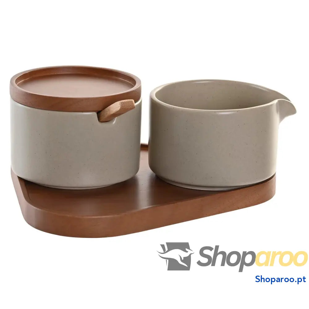 Açucareiro DKD Home Decor 19,5 x 18,5 7 cm Bege Castanho Madeira da borracha 4 Peças