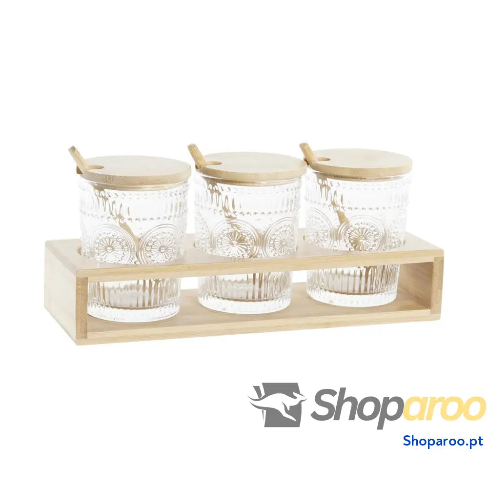 Açucareiro DKD Home Decor Transparente Natural Bambu Alumínio Cristal Vidro de Borosilicato 300 ml 28 x 10 13,5 cm
