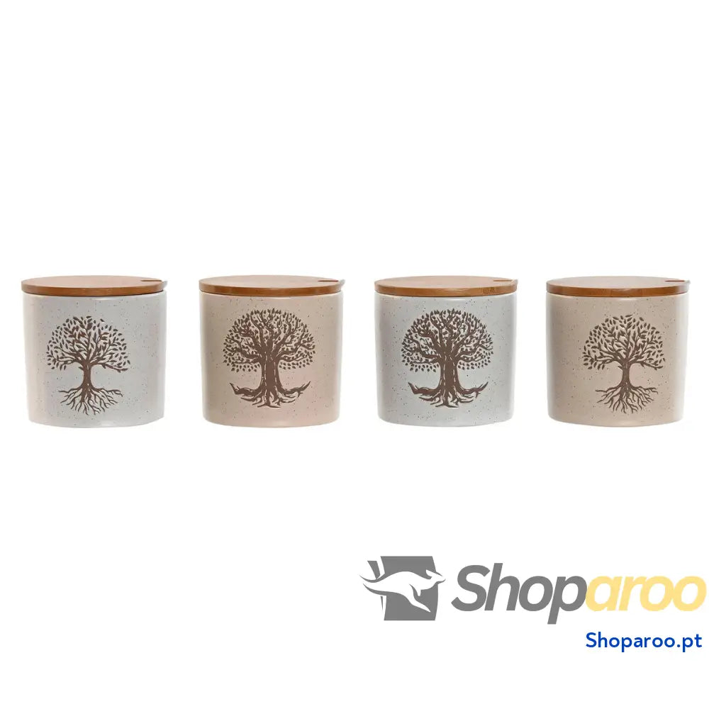 Açucareiro Home ESPRIT Branco Bege Bambu Grés 9,5 x cm (4 Unidades)