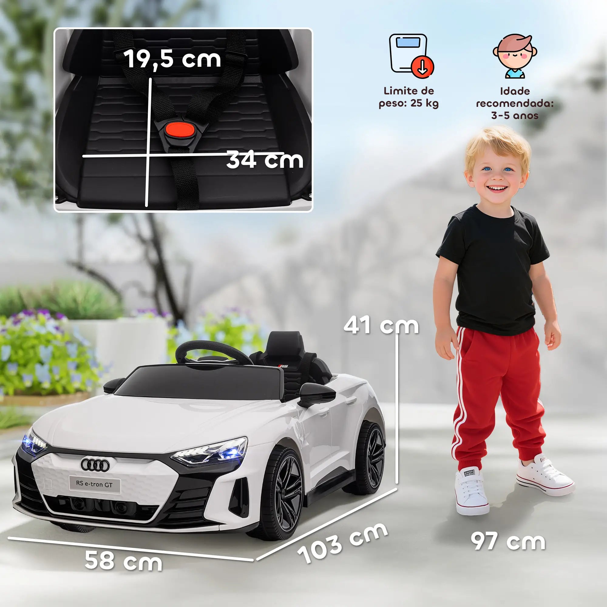 Carro Elétrico AUDI RS E-Tron GT 12V com 2 Motores Controlo Remoto Faróis LED Buzina Música USB 3-5km/h 103x58x41cm Branco