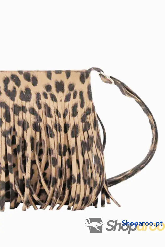 Bolsa a tiracolo em pele PU com franjas e padrão leopardo