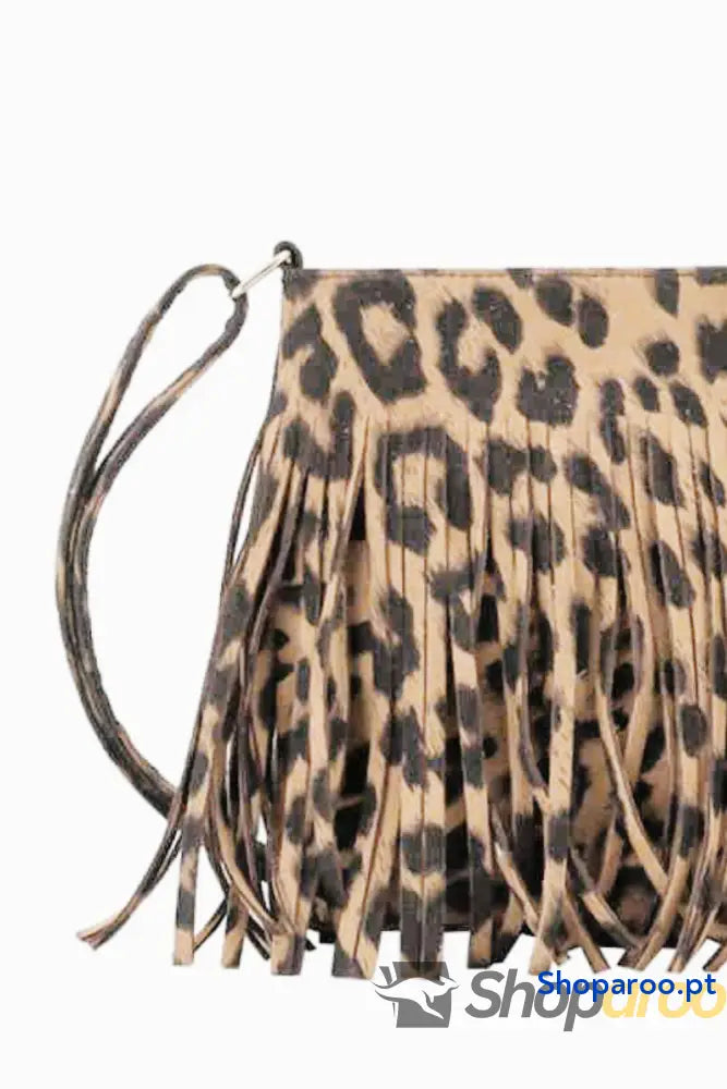 Bolsa a tiracolo em pele PU com franjas e padrão leopardo