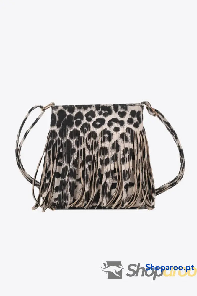 Bolsa a tiracolo em pele PU com franjas e padrão leopardo