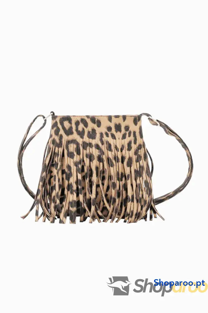 Bolsa a tiracolo em pele PU com franjas e padrão leopardo