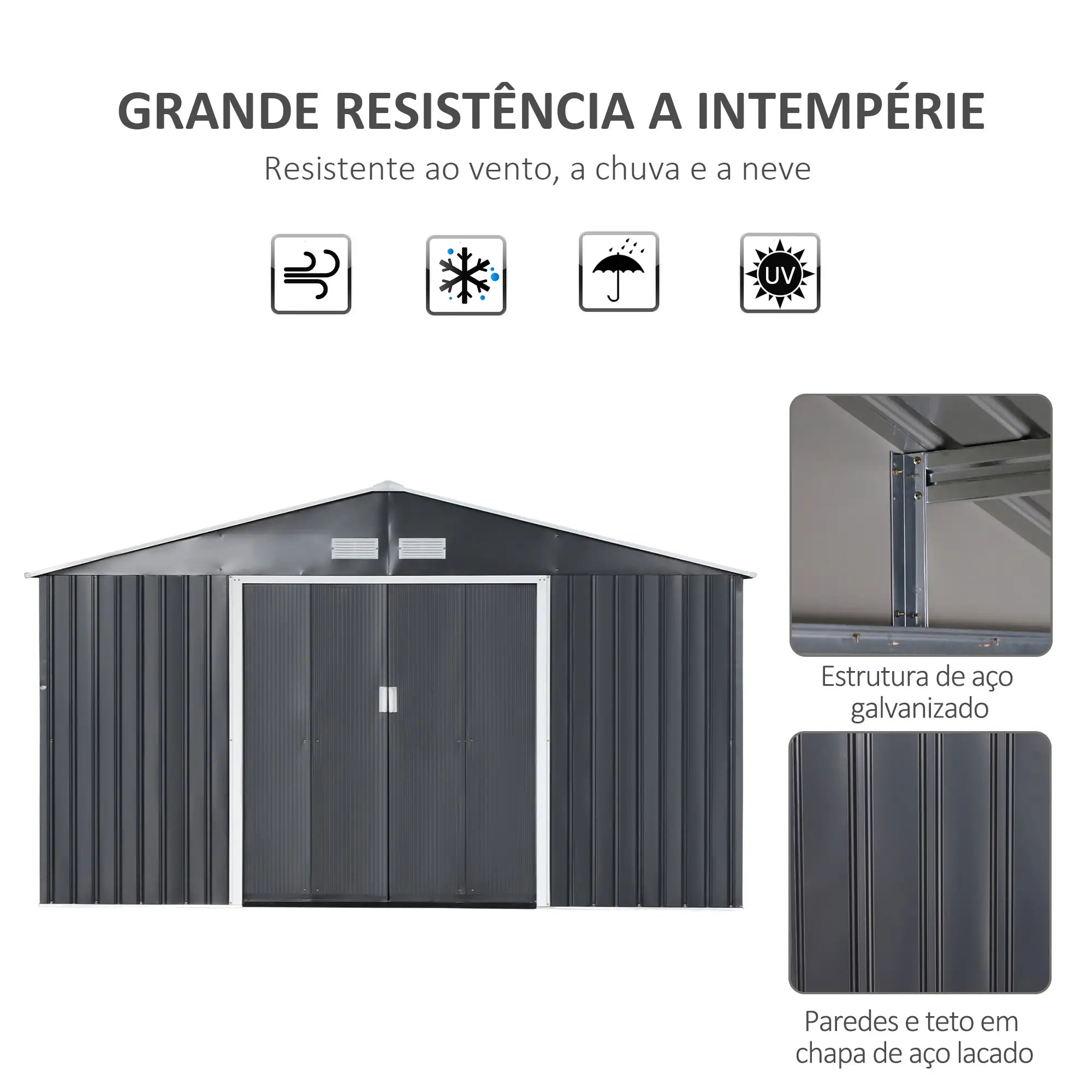 Abrigo de Jardim Metálico 340x386x200cm Abrigo de Exterior para Armazenamento de Ferramentas com Base Incluida 4 Janelas de Ventilação e Porta Corredeira Cinza