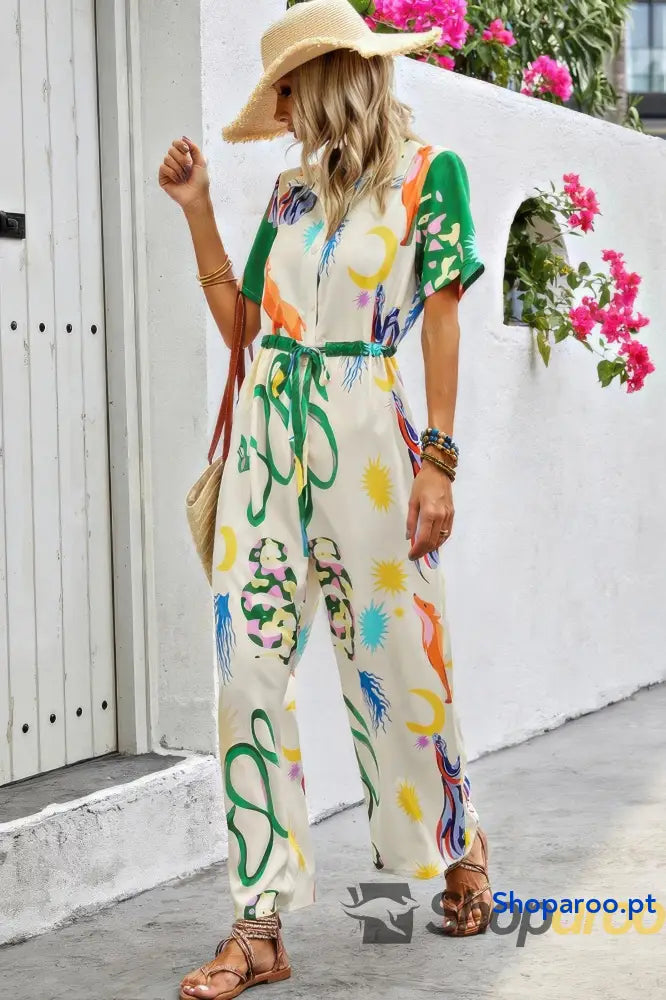 Allover Print Button Up Belt Jumpsuit