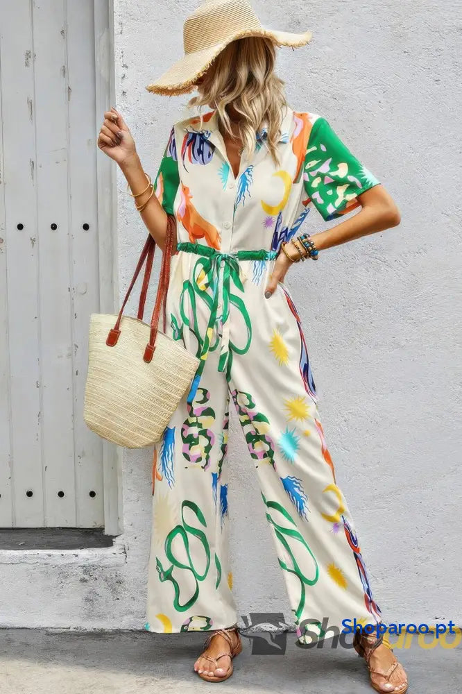 Allover Print Button Up Belt Jumpsuit