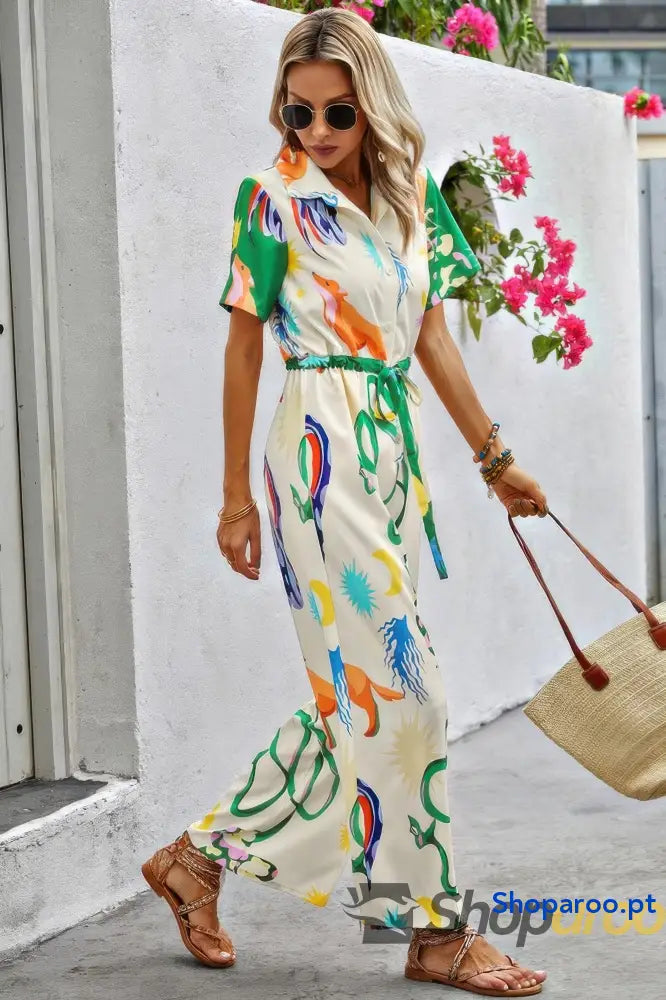 Allover Print Button Up Belt Jumpsuit