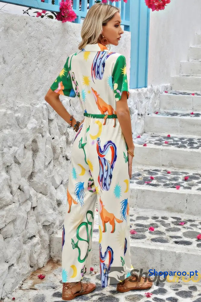 Allover Print Button Up Belt Jumpsuit