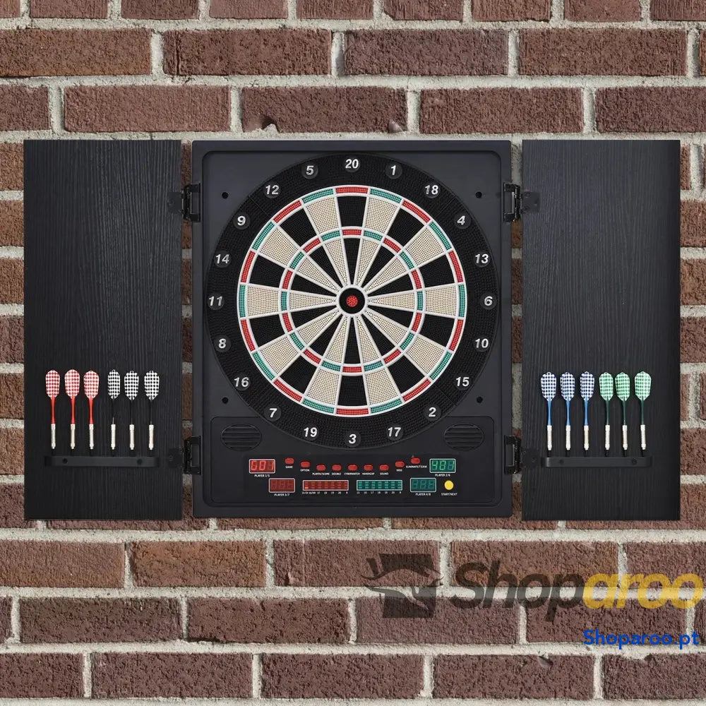 Alvo eletrônico digital para até 8 jogadores com 12 dardos e 30 pontas com portas de tela de LED 27 jogos diferentes 51x6,5x57 cm Preto
